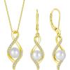image18K Yellow Gold Plated Freshwater Pearl Jewelry Set for Women 925 Sterling Silver Infinity Pearl Necklace and Dangle Drop Leverback Earrings Set
