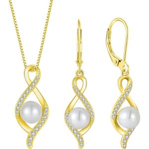 image18K Yellow Gold Plated Freshwater Pearl Jewelry Set for Women 925 Sterling Silver Infinity Pearl Necklace and Dangle Drop Leverback Earrings Set