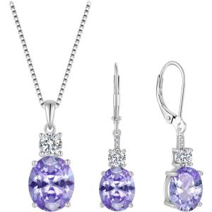 imageAlexandrite Jewelry Set for Women 925 Sterling Silver Oval Cut Necklace Dangle Drop Leverback Earrings June Birthstone Jewelry for Her