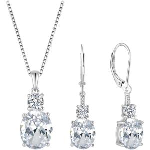 imageCubic Zirconia Jewelry Set for Women 925 Sterling Silver Oval Cut Necklace Dangle Drop Leverback Earrings April Birthstone Jewelry for Her