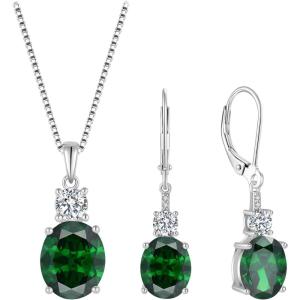 imageEmerald Jewelry Set for Women 925 Sterling Silver Oval Cut Necklace Dangle Drop Leverback Earrings May Birthstone Jewelry for Her