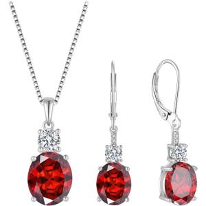 imageGarnet Jewelry Set for Women 925 Sterling Silver Oval Cut Necklace Dangle Drop Leverback Earrings January Birthstone Jewelry for Her