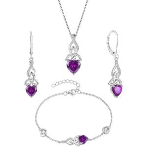 imageInfinity Celtic Knot Jewelry Set for Women 925 Sterling Silver Irish Necklace Amethyst Dangle Drop Leverback Earrings and Bracelet February Birthstone Jewelry Gifts for Her