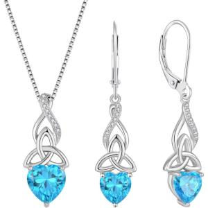 imageInfinity Celtic Knot Jewelry Set for Women 925 Sterling Silver Irish Necklace Aquamarine Dangle Drop Leverback Earrings March Birthstone Jewelry Gifts for Her Mom