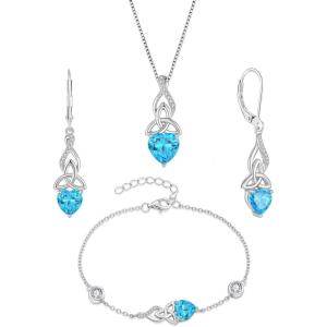 imageInfinity Celtic Knot Jewelry Set for Women 925 Sterling Silver Irish Necklace Aquamarine Dangle Drop Leverback Earrings and Bracelet March Birthstone Jewelry Gifts for Her