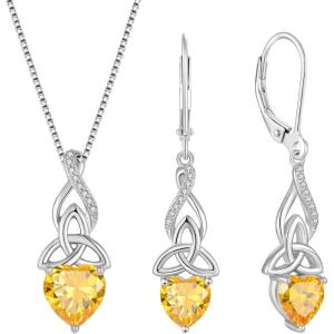 imageInfinity Celtic Knot Jewelry Set for Women 925 Sterling Silver Irish Necklace Citrine Dangle Drop Leverback Earrings November Birthstone Jewelry Gifts for Mom