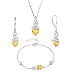 imageInfinity Celtic Knot Jewelry Set for Women 925 Sterling Silver Irish Necklace Citrine Dangle Drop Leverback Earrings and Bracelet November Birthstone Jewelry Gifts for Her
