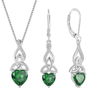 imageInfinity Celtic Knot Jewelry Set for Women 925 Sterling Silver Irish Necklace Emerald Dangle Drop Leverback Earrings May Birthstone Jewelry Gifts for Mom