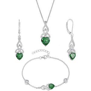 imageInfinity Celtic Knot Jewelry Set for Women 925 Sterling Silver Irish Necklace Emerald Dangle Drop Leverback Earrings and Bracelet May Birthstone Jwelry Gifts for Her