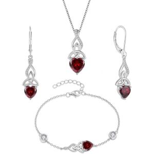 imageInfinity Celtic Knot Jewelry Set for Women 925 Sterling Silver Irish Necklace Garnet Dangle Drop Leverback Earrings and Bracelet January Birthstone Jwelry Gifts for Her