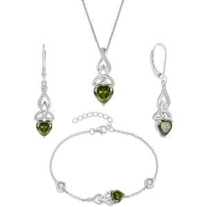 imageInfinity Celtic Knot Jewelry Set for Women 925 Sterling Silver Irish Necklace Peridot Dangle Drop Leverback Earrings and Bracelet August Birthstone Jewelry Gifts for Her