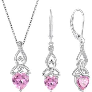 imageInfinity Celtic Knot Jewelry Set for Women 925 Sterling Silver Irish Necklace Pink Tourmaline Dangle Drop Leverback Earrings October Birthstone Jewelry Gifts for Mom