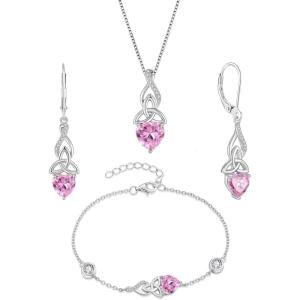 imageInfinity Celtic Knot Jewelry Set for Women 925 Sterling Silver Irish Necklace Pink Tourmaline Dangle Drop Leverback Earrings and Bracelet October Birthstone Jewelry Gifts for Her
