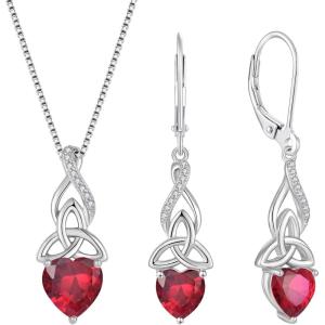 imageInfinity Celtic Knot Jewelry Set for Women 925 Sterling Silver Irish Necklace Ruby Dangle Drop Leverback Earrings July Birthstone Jewelry Gifts for Mom