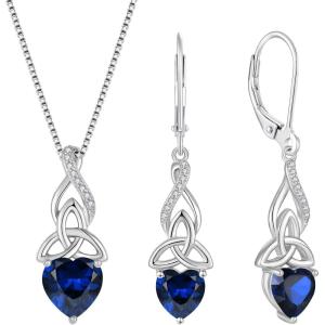 imageInfinity Celtic Knot Jewelry Set for Women 925 Sterling Silver Irish Necklace Sapphire Dangle Drop Leverback Earrings September Birthstone Jewelry Gifts for Mom