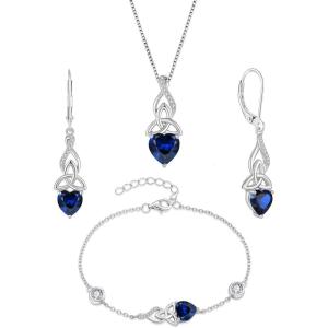 imageInfinity Celtic Knot Jewelry Set for Women 925 Sterling Silver Irish Necklace Sapphire Dangle Drop Leverback Earrings and Bracelet September Birthstone Jewelry Gifts for Her
