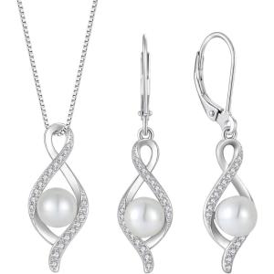 imageInfinity Freshwater Pearl Jewelry Set for Women 925 Sterling Silver Pearl Necklace and Dangle Drop Leverback Earrings Set