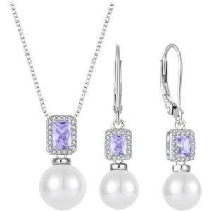 imagePearl Jewelry Set 925 Sterling Silver Alexandrite Necklace Earrings Emerald Cut June Birthstone Jewelry Gifts for Her