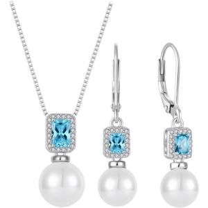 imagePearl Jewelry Set 925 Sterling Silver Aquamarine Necklace Earrings Emerald Cut March Birthstone Jewelry Gifts for Her