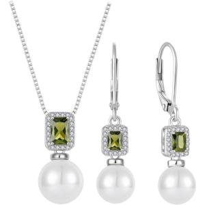 imagePearl Jewelry Set 925 Sterling Silver Peridot Necklace Earrings Emerald Cut August Birthstone Jewelry Gifts for Her