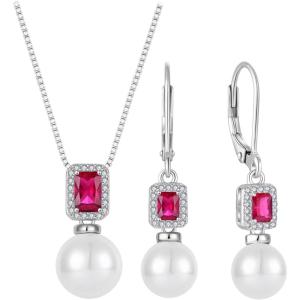 imagePearl Jewelry Set 925 Sterling Silver Ruby Necklace Earrings Emerald Cut July Birthstone Jewelry Gifts for Her