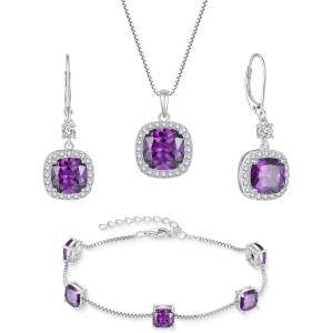 imagePrincess Cut Jewelry Set 925 Sterling Silver Amethyst Earrings Dangle Drop Leverback February Birthstone Necklace and Bracelet Jewelry Gifts for Women