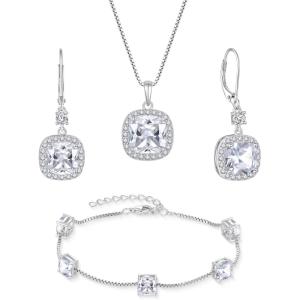 imagePrincess Cut Jewelry Set 925 Sterling Silver Cubic Zirconia Earrings Dangle Drop Leverback April Birthstone Necklace and Bracelet Jewelry Gifts for Women