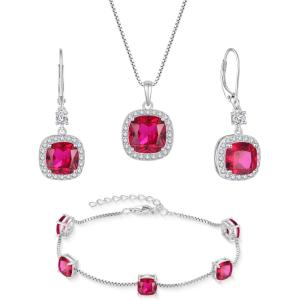 imagePrincess Cut Jewelry Set 925 Sterling Silver Ruby Earrings Dangle Drop Leverback July Birthstone Necklace and Bracelet Jewelry Gifts for Women