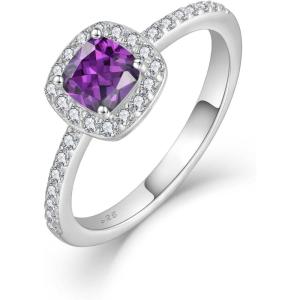 imagePromise Ring for Women 925 Sterling Silver Princess Cut Halo Birthstone Ring for Her Brides Wife Size 51002 February  Amethyst