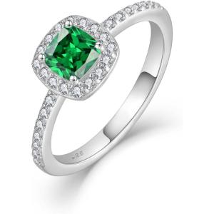 imagePromise Ring for Women 925 Sterling Silver Princess Cut Halo Birthstone Ring for Her Brides Wife Size 51005 May  Emerald