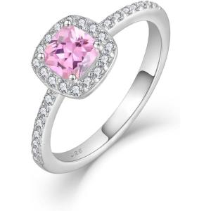 imagePromise Ring for Women 925 Sterling Silver Princess Cut Halo Birthstone Ring for Her Brides Wife Size 51010 October  Pink Tourmaline
