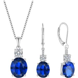 imageSapphire Jewelry Set for Women 925 Sterling Silver Oval Cut Necklace Dangle Drop Leverback Earrings September Birthstone Jewelry for Her
