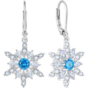 imageSnowflake Earrings for Women 925 Sterling Silver Frozen Leverback Earrings Aquamarine Dangle Drop Earrings Christmas Gifts for Her