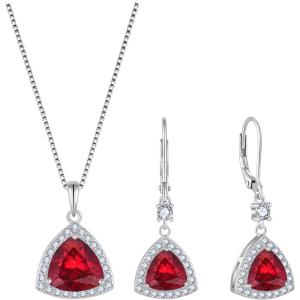 imageTriangle Jewelry Set for Women 925 Sterling Silver Halo Ruby Necklace Dangle Drop Leverback Earrings July Birthstone Jewelry for Her