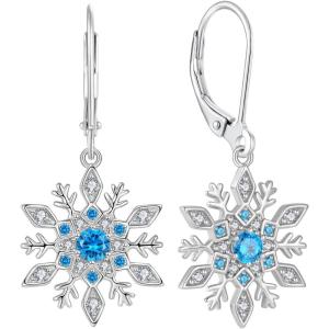 imageWomen Snowflake Earrings 925 Sterling Silver Leverback Earrings Aquamarine Dangle Drop Earrings Christmas Gift for Women Her Mom