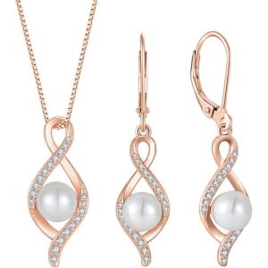 image18K Rose Gold Plated Freshwater Pearl Jewelry Set for Women 925 Sterling Silver Infinity Pearl Necklace and Dangle Drop Leverback Earrings Set