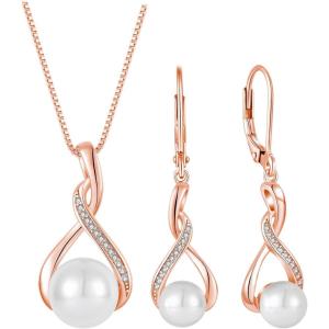image18K Rose Gold Plated Freshwater Pearl Necklace and Earrings Set for Women 925 Sterling Silver Pearl Jewelry Gifts for Her