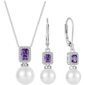 imagePearl Jewelry Set 925 Sterling Silver Amethyst Necklace Earrings Emerald Cut February Birthstone Jewelry Gifts for Her