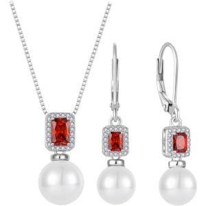 imagePearl Jewelry Set 925 Sterling Silver Garnet Necklace Earrngs Emerald Cut January Birthstone Jewelry Gifts for Her