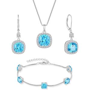 imagePrincess Cut Jewelry Set 925 Sterling Silver Aquamarine Earrings Dangle Drop Leverback March Birthstone Necklace and Bracelet Jewelry Gifts for Women