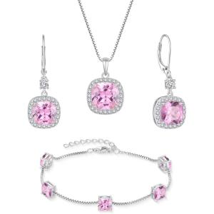 imagePrincess Cut Jewelry Set 925 Sterling Silver Pink Tourmaline Earrings Dangle Drop Leverback October Birthstone Necklace and Bracelet Jewelry Gifts for Women