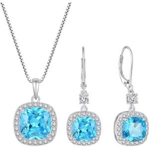 imagePrincess Cut Jewelry Set for Women 925 Sterling Silver Aquamarine March Birthstone Necklace Halo Dangle Drop Leverback Earrings Jewelry Gifts for Her