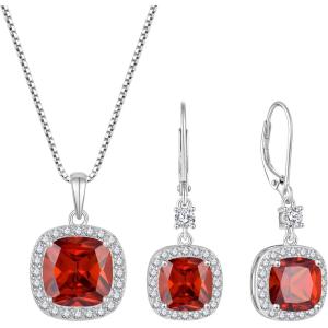 imagePrincess Cut Jewelry Set for Women 925 Sterling Silver Garnet January Birthstone Necklace Halo Dangle Drop Leverback Earrings Jewelry Gifts for Her