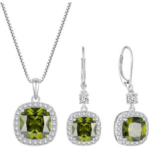 imagePrincess Cut Jewelry Set for Women 925 Sterling Silver Peridot August Birthstone Necklace Halo Dangle Drop Leverback Earrings Jewelry Gifts for Her