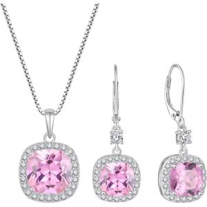 imagePrincess Cut Jewelry Set for Women 925 Sterling Silver Pink Tourmaline October Birthstone Necklace Halo Dangle Drop Leverback Earrings Jewelry Gifts for Her