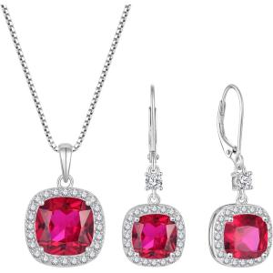 imagePrincess Cut Jewelry Set for Women 925 Sterling Silver Ruby July Birthstone Necklace Halo Dangle Drop Leverback Earrings Jewelry Gifts for Her
