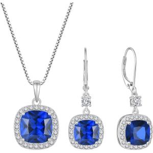 imagePrincess Cut Jewelry Set for Women 925 Sterling Silver Sapphire September Birthstone Necklace Halo Dangle Drop Leverback Earrings Jewelry Gifts for Her