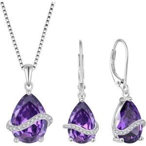 imageTeardrop Jewelry Set for Women 925 Sterling Silver Amethyst Necklace Dangle Drop Leverback Earrings February Birthstone Jewelry Gifts for Her