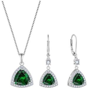 imageTriangle Jewelry Set for Women 925 Sterling Silver Halo Emerald Necklace Dangle Drop Leverback Earrings May Birthstone Jewelry for Her