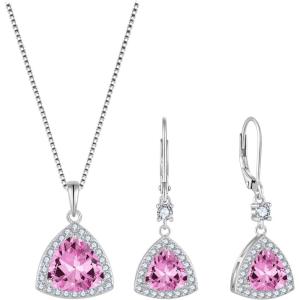 imageTriangle Jewelry Set for Women 925 Sterling Silver Halo Pink Tourmaline Necklace Dangle Drop Leverback Earrings October Birthstone Jewelry for Her